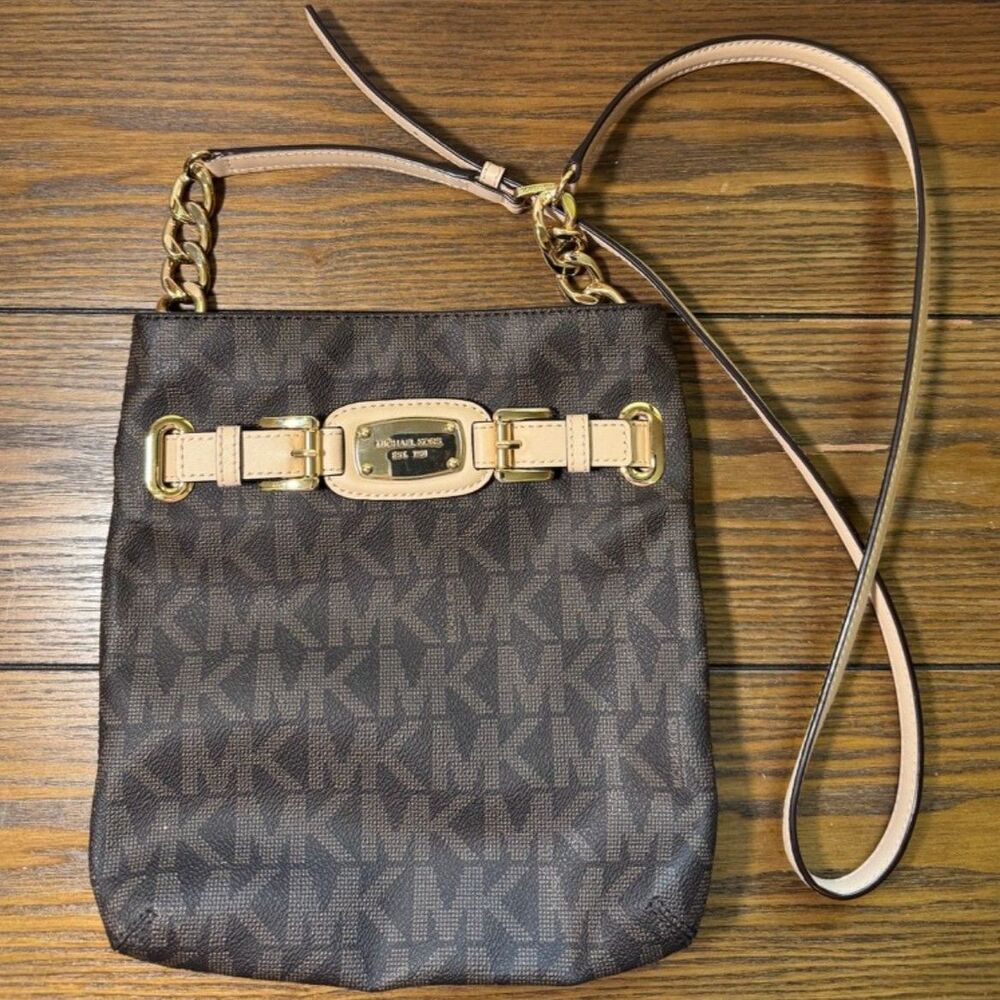 Michael Kors Crossbody Bag Medium Brown Signature Monogram Gold Hardware